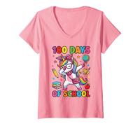 Femme 100 Days of School Dabbing Licorne Léopard Nœud pour enseignantes T-Shirt avec Col en V