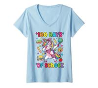 Femme 100 Days of School Licorne Dabbing Coquette Bow Salle de Classe T-Shirt avec Col en V