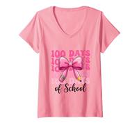 Femme 100 Days of School Mignon Rose Coquette Noeud Crayon Filles Enfants T-Shirt avec Col en V