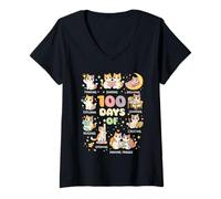 Femme 100 Days of School Smarter Mignon Chaton Enseignant Bookish T-Shirt avec Col en V