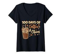 Femme 100 Jours de café et de Chaos, Une Vie de Professeur d'école drôle et occupée T-Shirt avec Col en V
