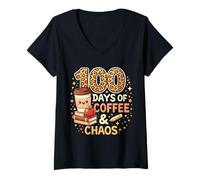 Femme 100 Jours de café et de Chaos, Une Vie de Professeur d'école drôle et occupée T-Shirt avec Col en V