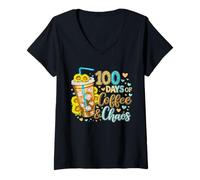 Femme 100 Jours de café et de Chaos, Une Vie de Professeur d'école drôle et occupée T-Shirt avec Col en V