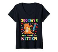 Femme 100 Jours d'école pour Les Amoureux des Chats 100e Jours d'école pour Les Enfants et Les Filles T-Shirt avec Col en V