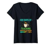 Femme 100 Jours d'enseignement propulsé par la caféine - Enseignant T-Shirt avec Col en V