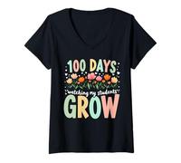Femme 100 Jours regardant Les élèves Grandir Mignon Motif Floral Professeur T-Shirt avec Col en V