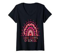 Femme 100e Jour d'école et J'aime Toujours ça 100 cœurs Arc-en-Ciel T-Shirt avec Col en V
