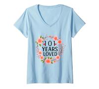 Femme 101 Years Loved Floral 101th Birthday Women 101 Years Old T-Shirt avec Col en V