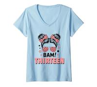 Femme 13ème Anniversaire Fille Messy Bun Bäm! Treize Ans T-Shirt avec Col en V