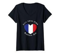 Femme 14 Juillet 1789 Drapeau français en Forme de cœur T-Shirt avec Col en V