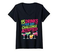Femme 15 Drinks per Day Challenge Accepted Party Level Expert T-Shirt avec Col en V