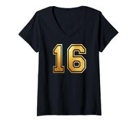 Femme 16. Correspondance Graphique des Sports d'équipe numéro 16 T-Shirt avec Col en V