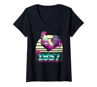 Femme 1957 Année du Coq rétro années 80 Vaporwave Zodiaque Chinois T-Shirt avec Col en V
