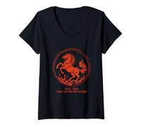 Femme 1966 2026 Année du Cheval de feu 60e Anniversaire Zodiaque T-Shirt avec Col en V