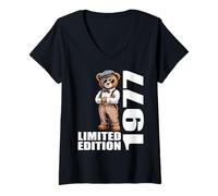 Femme 1977 Édition limitée Ours Anniversaire 1977 Vintage 1977 Rétro T-Shirt avec Col en V