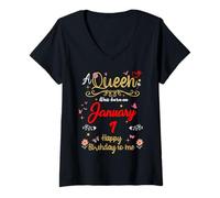 Femme 1er Janvier Anniversaire A Queen Was Born in 1st Janvier T-Shirt avec Col en V