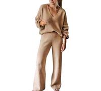 Femme 2 Pcs Pull Ensemble Tricoté Hiver Sweater Top en Maille Sweatshirt Chaud Chandail Sport Pantalon Jambe Large Hiver Ensemble Sportswear Chic Et Elegant Top et Pantalon 2pcs