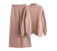 Femme 2 Pcs Pull Ensemble Tricoté Hiver Sweater Top en Maille Sweatshirt Chaud Chandail Sport Pantalon Jambe Large Hiver Ensemble Sportswear Mode Tenue Sport 2 Pièces