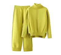 Femme 2 Pcs Pull Ensemble Tricoté Hiver Sweater Top en Maille Sweatshirt Chaud Chandail Sport Pantalon Jambe Large Hiver Ensemble Sportswear Elegante Survêtement 2 Piece
