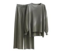 Femme 2 Pcs Pull Ensemble Tricoté Hiver Sweater Top en Maille Sweatshirt Chaud Chandail Sport Pantalon Jambe Large Hiver Ensemble Sportswear Loisir Tenue Sport 2 PièCes