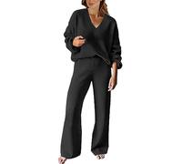 Femme 2 Pcs Pull Ensemble Tricoté Hiver Sweater Top en Maille Sweatshirt Chaud Chandail Sport Pantalon Jambe Large Hiver Ensemble Sportswear Chic Et Elegant Top et Pantalon 2pcs