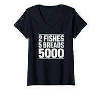 Femme 2 Poissons 5 Pains 5000 - Foi chrétienne T-Shirt avec Col en V