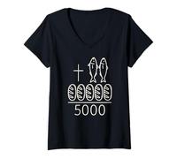Femme 2 Poissons 5 Pains Jésus Croix 5000 Miracle Christian T-Shirt avec Col en V