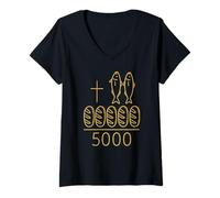 Femme 2 Poissons 5 Pains Jésus Croix 5000 Miracle Christian T-Shirt avec Col en V