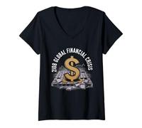Femme 2008 Crise Financière Tshirt Finance Argent Administration T-Shirt avec Col en V