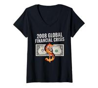 Femme 2008 Crise Financière Tshirt Finance Argent Administration T-Shirt avec Col en V