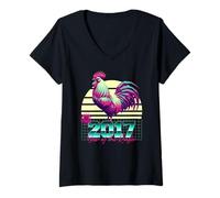 Femme 2017 Année du Coq rétro années 80 Vaporwave Zodiaque Chinois T-Shirt avec Col en V