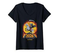Femme 2026 Année de l'art Squelette Cheval de feu T-Shirt avec Col en V