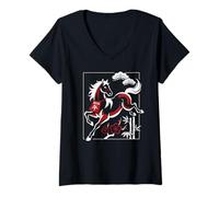 Femme 2026 Année du Cheval Art du Zodiaque Japonais avec Bambou Prune T-Shirt avec Col en V