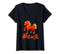 Femme 2026 Année du Cheval de Feu Rouge Nouvel an Chinois Zodiaque T-Shirt avec Col en V