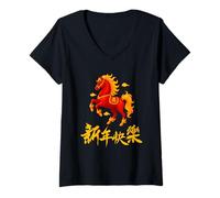 Femme 2026 Year of The Fire Horse Chinese Zodiac Lunar New Year T-Shirt avec Col en V