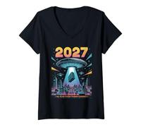 Femme 2027 Année Tout Change Premier Contact Alien T-Shirt avec Col en V