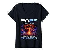 Femme 2027 The Year Everything Changes First Contact Alien UFO T-Shirt avec Col en V