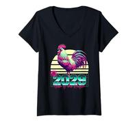 Femme 2029 Année du Coq rétro années 80 Vaporwave Zodiaque Chinois T-Shirt avec Col en V