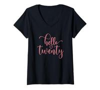 Femme 20e Anniversaire pour Femme, Hello Twenty, 20 Ans, Mignon T-Shirt avec Col en V