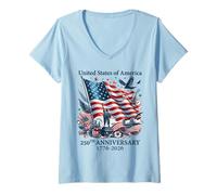 Femme 250 Ans américains 1776 2026 250e Anniversaire États-Unis Patriotique T-Shirt avec Col en V