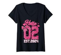 Femme 2ème Anniversaire Fille Pink Coquette Bow Hello Two 2 Years T-Shirt avec Col en V