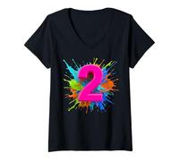Femme 2ème Anniversaire Motif éclaboussures de Peinture pour Enfants Filles garçons 2 Ans T-Shirt avec Col en V