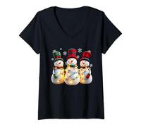 Femme 3 Bonhommes de Neige Famille Noël avec lumières Femmes Hommes Enfants T-Shirt avec Col en V