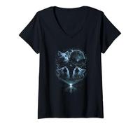 Femme 3 cochons hurlants mystiques lunaires Bleu Froid Lune éclipse forêt T-Shirt avec Col en V
