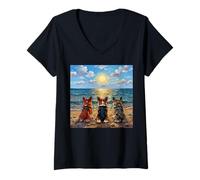 Femme 3 Corgis Summer Beach Illustration Chien Mignon T-Shirt avec Col en V