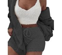 Femme 3-pièces Pyjamas Set Filles Ensembles de Pyjama Chaud Peluche Velours Vêtements de nuit avec encolure en U Capuche Cardigan Crop Tank Top et Short/Pantalon Taille Haute Tenues Loungewear