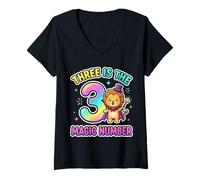 Femme 3 The Magic Number Funny 3ème Anniversaire Lion Mignon T-Shirt avec Col en V