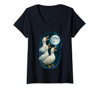 Femme 3 Trois Canards de Pékin Hurlant à la Lune T-Shirt avec Col en V