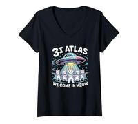 Femme 3I Atlas We Come in Meow Alien Cat drôle T-Shirt avec Col en V
