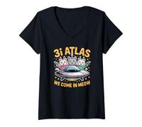 Femme 3I Atlas We Come in Meow Alien Cat Humour T-Shirt avec Col en V